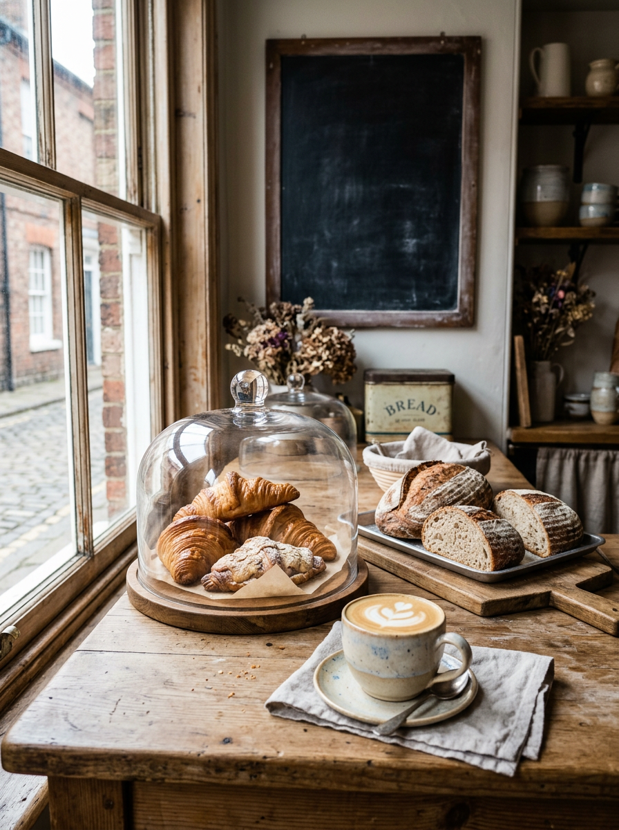 A bakery counter with croissants under a glass dome and sourdough loaves, generated for illustration